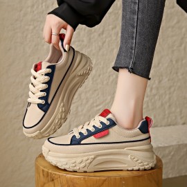 Women's Trendy Platform Sneakers, All-Match Lace Up Low Top Trainers, Comfortable Skate Shoes