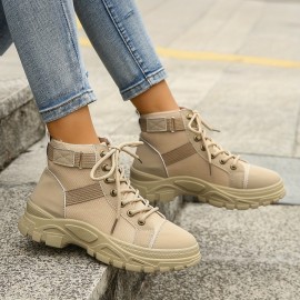 Women's Solid Color Hiking Sneakers, Lace Up Soft Sole Platform Non-slip Shoes, Versatile High-top Climbing Shoes