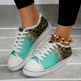 Women's Leopard Print Canvas Shoes, Fashion Low Top Lace Up Sneakers, Casual Flat Walking Shoes