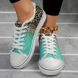 Women's Leopard Print Canvas Shoes, Fashion Low Top Lace Up Sneakers, Casual Flat Walking Shoes