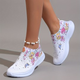 Women's Rhinestone Decor Sneakers, Floral & Butterfly Print Slip On Shoes, Breathable Knit Running Shoes