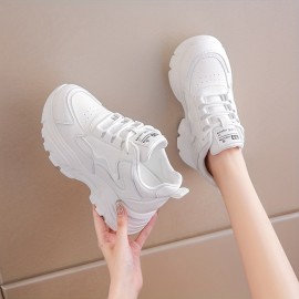 Women's Platform Sneakers, Solid Color Height Increasing Low Top Trainers, All-Match Walking Shoes