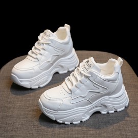 Women's Platform Sneakers, Solid Color Height Increasing Low Top Trainers, All-Match Walking Shoes