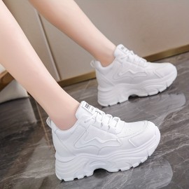 Women's Platform Sneakers, Solid Color Height Increasing Low Top Trainers, All-Match Walking Shoes