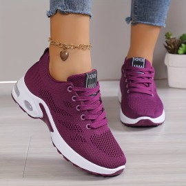 Women's Air Cushion Sports Shoes, Comfortable Lace Up Knitted Low Top Running Sneakers, Outdoor Athletic Shoes