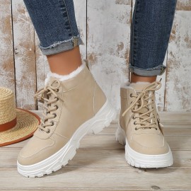 Women's Winter high top sneakers, Casual Lace Up Plush Lined Boots, Comfortable Side Zipper Short Boots