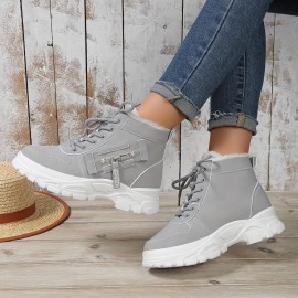 Women's Winter high top sneakers, Casual Lace Up Plush Lined Boots, Comfortable Side Zipper Short Boots