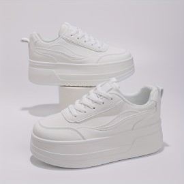 Women's Solid Color Minimalist Sneakers, Lace Up Casual Platform White Shoes, Versatile Low-top Sporty Trainers