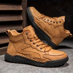 Men's Trendy Leather Shoes, Waterproof High Top Lace-up Casual Shoes For Outdoor Activities Like Walking Running And Hiking