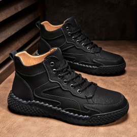 Men's Trendy Leather Shoes, Waterproof High Top Lace-up Casual Shoes For Outdoor Activities Like Walking Running And Hiking