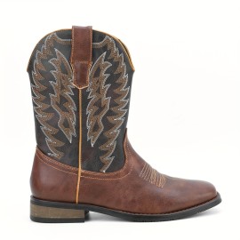 Men's Square Toe Roper Boots, Western Cowboy Boots Embroidered Mid-Calf Roper Boots