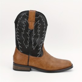 Men's Square Toe Roper Boots, Western Cowboy Boots Embroidered Mid-Calf Roper Boots