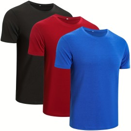 3pcs/set Solid Color Men's Comfy Medium Stretch T-shirt, Men's Summer Clothes, Men's Clothing