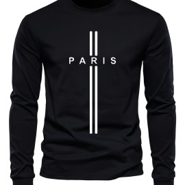 PARIS Print, Men's Graphic Design Crew Neck Long Sleeve Active T-shirt Tee, Casual Comfy Shirts For Spring Summer Autumn, Men's Clothing Tops