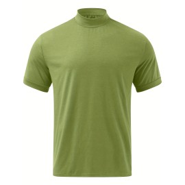 Solid Color Men's Short Sleeve Turtleneck Stretch Comfy T-shirt, Summer Streetwear