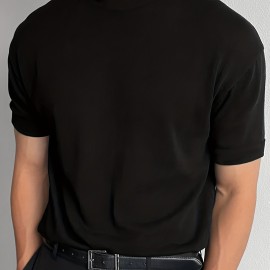 Solid Color Men's Short Sleeve Turtleneck Stretch Comfy T-shirt, Summer Streetwear