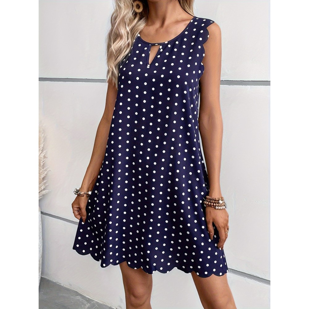 Polka Dot Print Scallop Trim Dress, Elegant Sleeveless Crew Neck Keyhole Dress For Spring & Summer, Women's Clothing