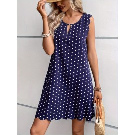 Polka Dot Print Scallop Trim Dress, Elegant Sleeveless Crew Neck Keyhole Dress For Spring & Summer, Women's Clothing