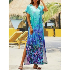 Butterfly Print Split Dress, Casual V Neck Short Sleeve Maxi Dress, Women's Clothing