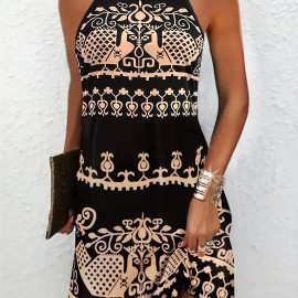 Random Print Halter Neck Dress, Summer Casual Every Day Dress, Women's Clothing