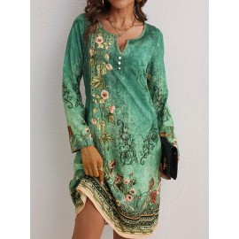 Floral Print V Neck Dress, Elegant Long Sleeve Dress For Spring & Summer, Women's Clothing