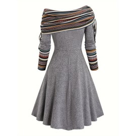 Ethnic Striped Splicing Dress, Elegant Off Shoulder Drawstring Dress, Women's Clothing