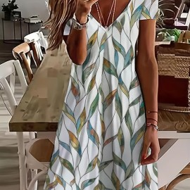 Leaves Print V Neck Dress, Vacation Short Sleeve Random Printing Dress, Women's Clothing