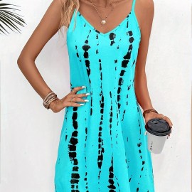 Tie Dye Print Mini Dress, Casual Spaghetti Strap V Neck Dress, Women's Clothing