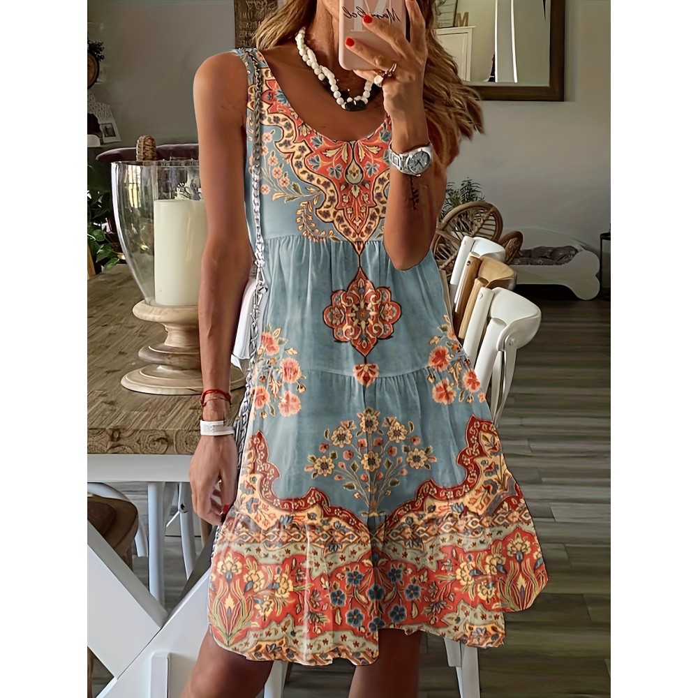 Floral Print Ruffle Hem Dress, Vintage Sleeveless Dress For Spring & Summer, Women's Clothing