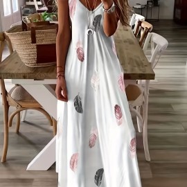 Feather Print Maxi Dress, Casual V Neck Spaghetti Strap Random Printing Dress, Women's Clothing