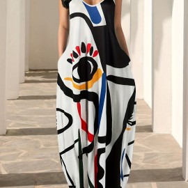 Abstract Oil Painting Print Dress, Casual Sleeveless Summer Maxi Spaghetti Dress, Women's Clothing