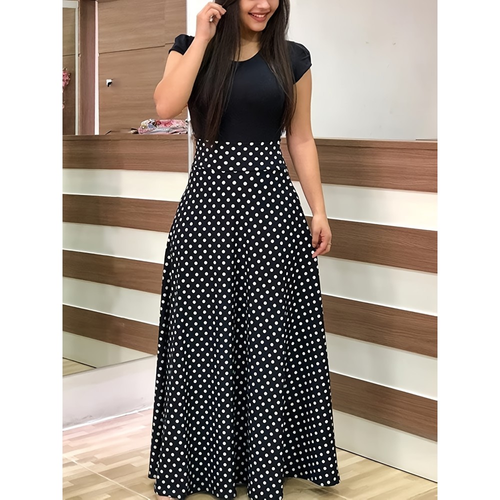 Printed Splicing Crew Neck Dress, Elegant Short Sleeve Slim Waist Pleated Maxi Dress, Women's Clothing