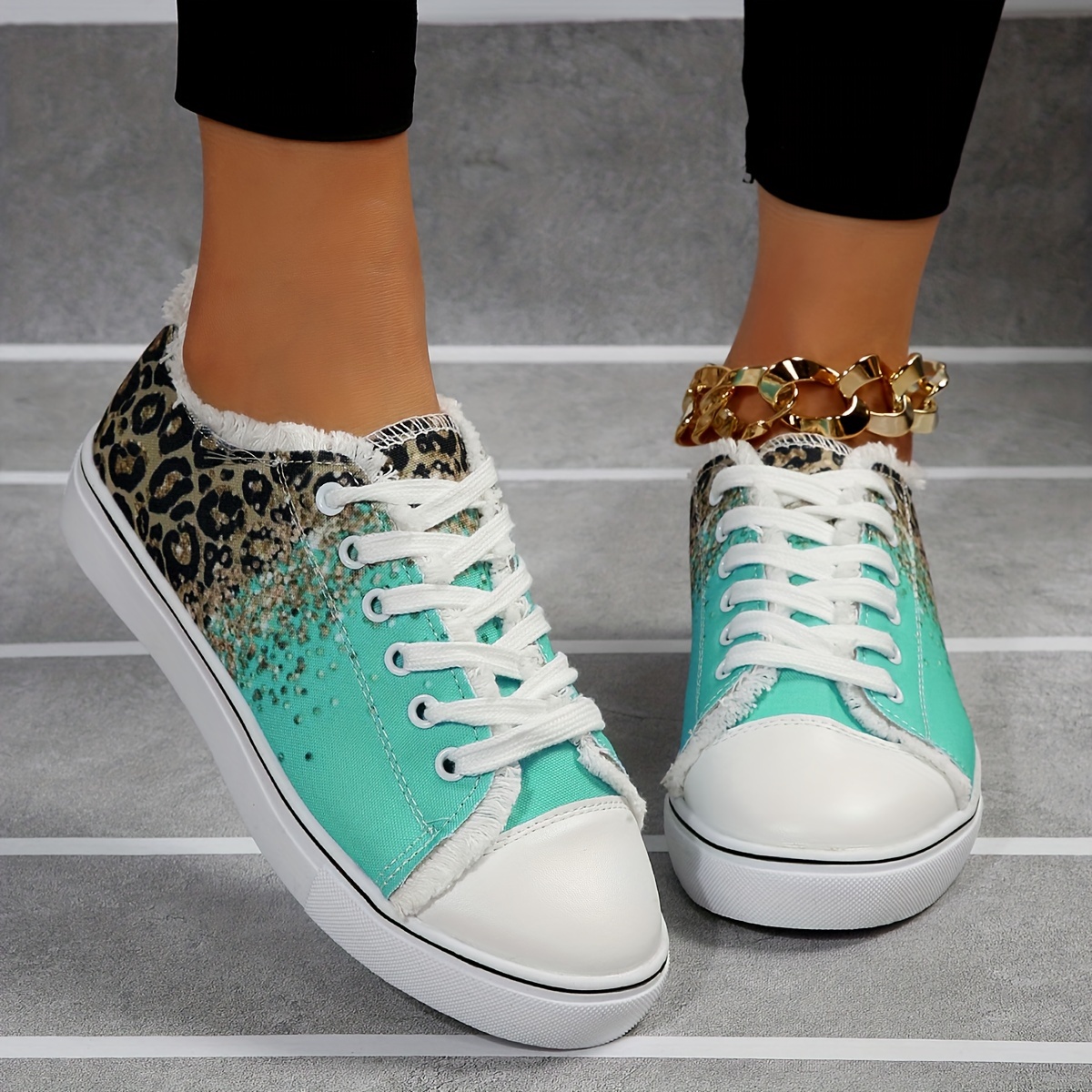 womens leopard print canvas shoes fashion low top lace up sneakers casual flat walking shoes details 5