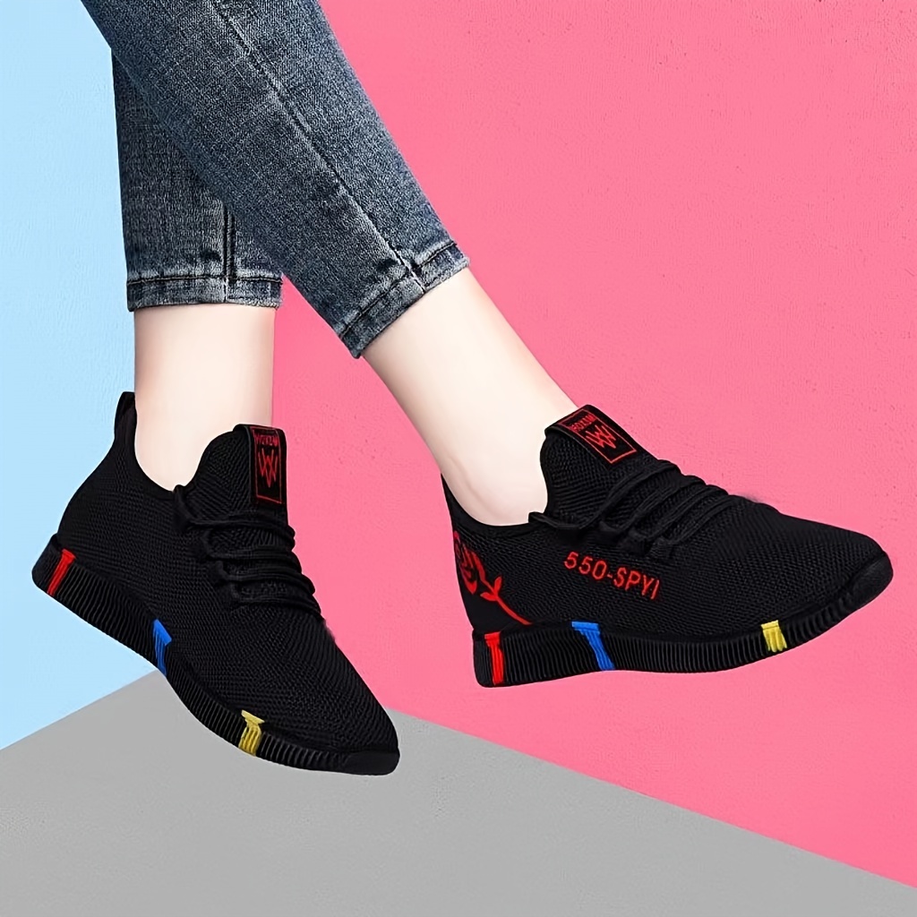 womens floral letter print sneakers lace up soft sole platform walking shoes low top breathable training shoes details 0