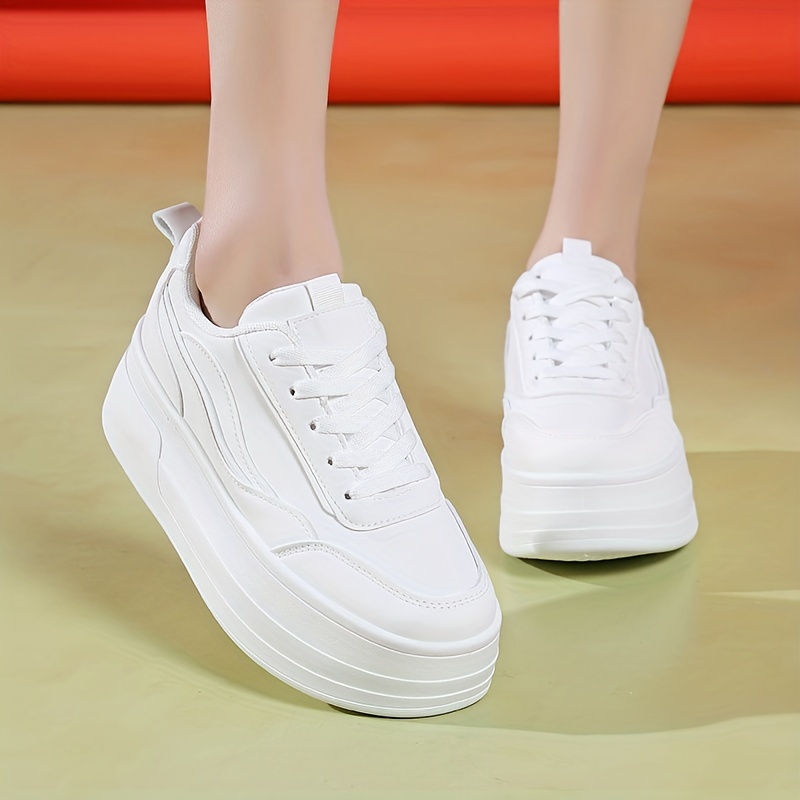 womens solid color minimalist sneakers lace up casual platform white shoes versatile low top sporty trainers details 1