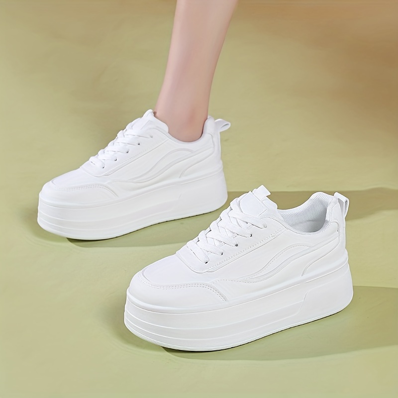 womens solid color minimalist sneakers lace up casual platform white shoes versatile low top sporty trainers details 2