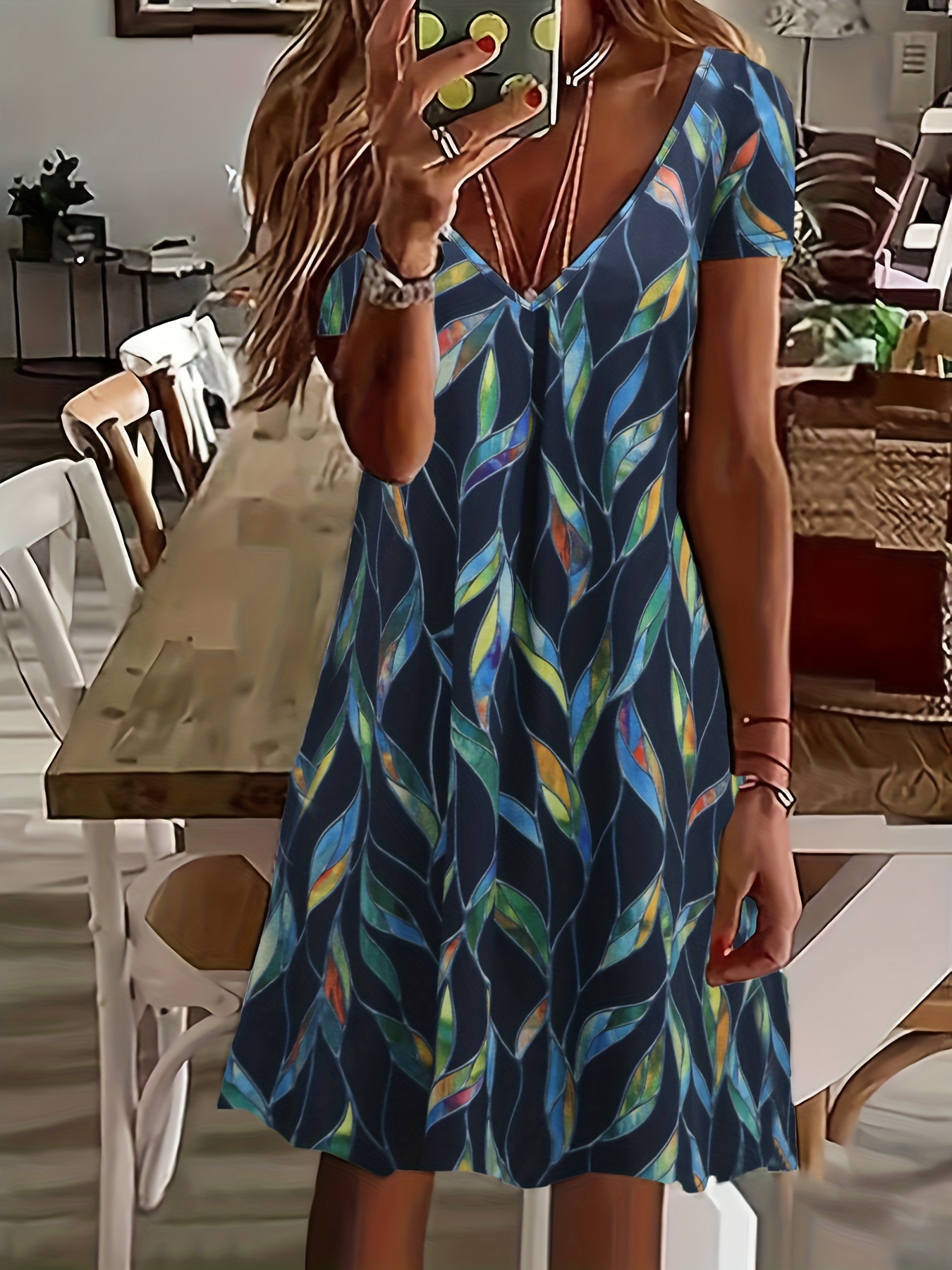 leaves print v neck dress vacation short sleeve random printing dress womens clothing details 0