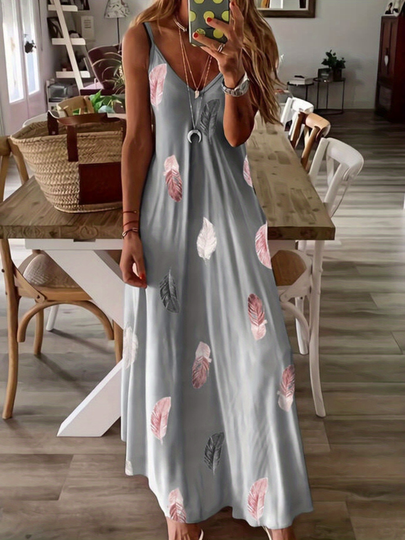 feather print maxi dress casual v neck spaghetti strap random printing dress womens clothing details 6